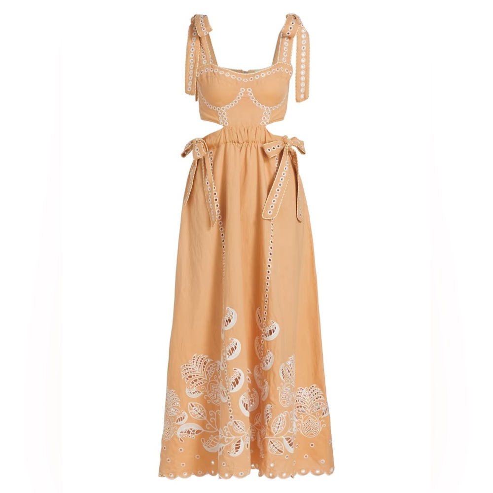 Sleeveless Eyelet Tie-Strap Maxi Dress in Peach